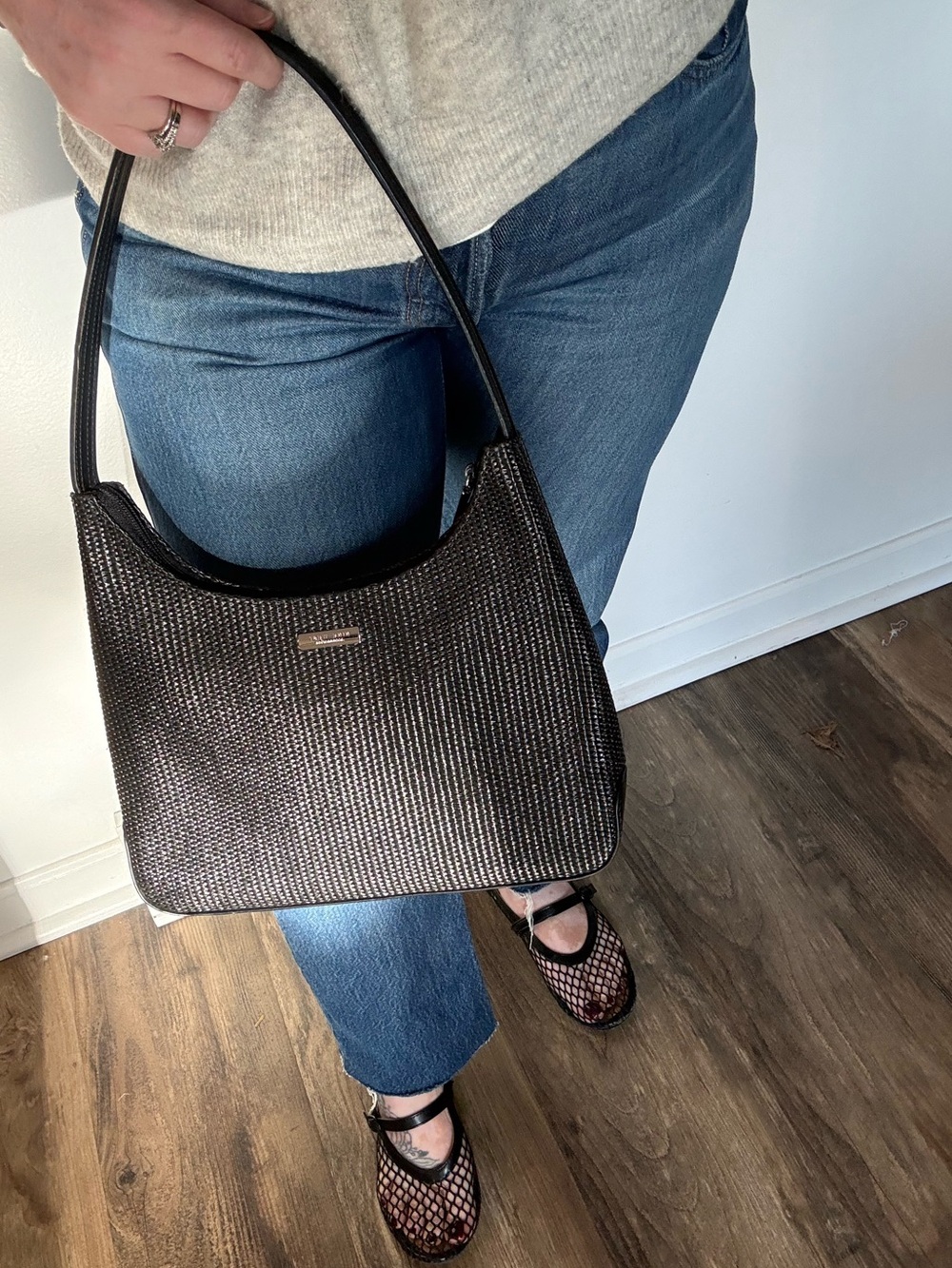 Nine West Black Woven Shoulder Bag with zipper top